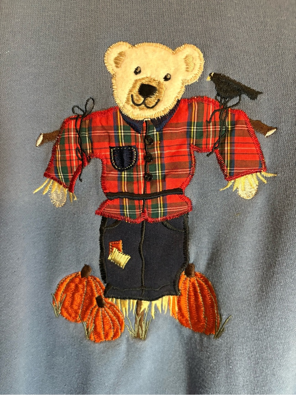 Bear Scarecrow Fall Pumpkin Halloween Vintage Sweatshirt Blue XL Bold Spirit Y2K - Picture 2 of 8